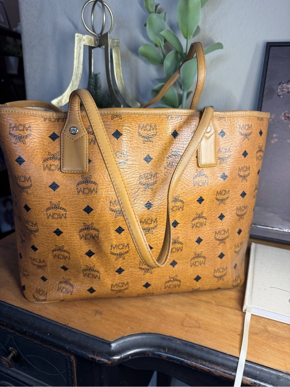 MCM Cognac Visetos Tote with Lime Accent w/matching wallet - Picture 10 of 10